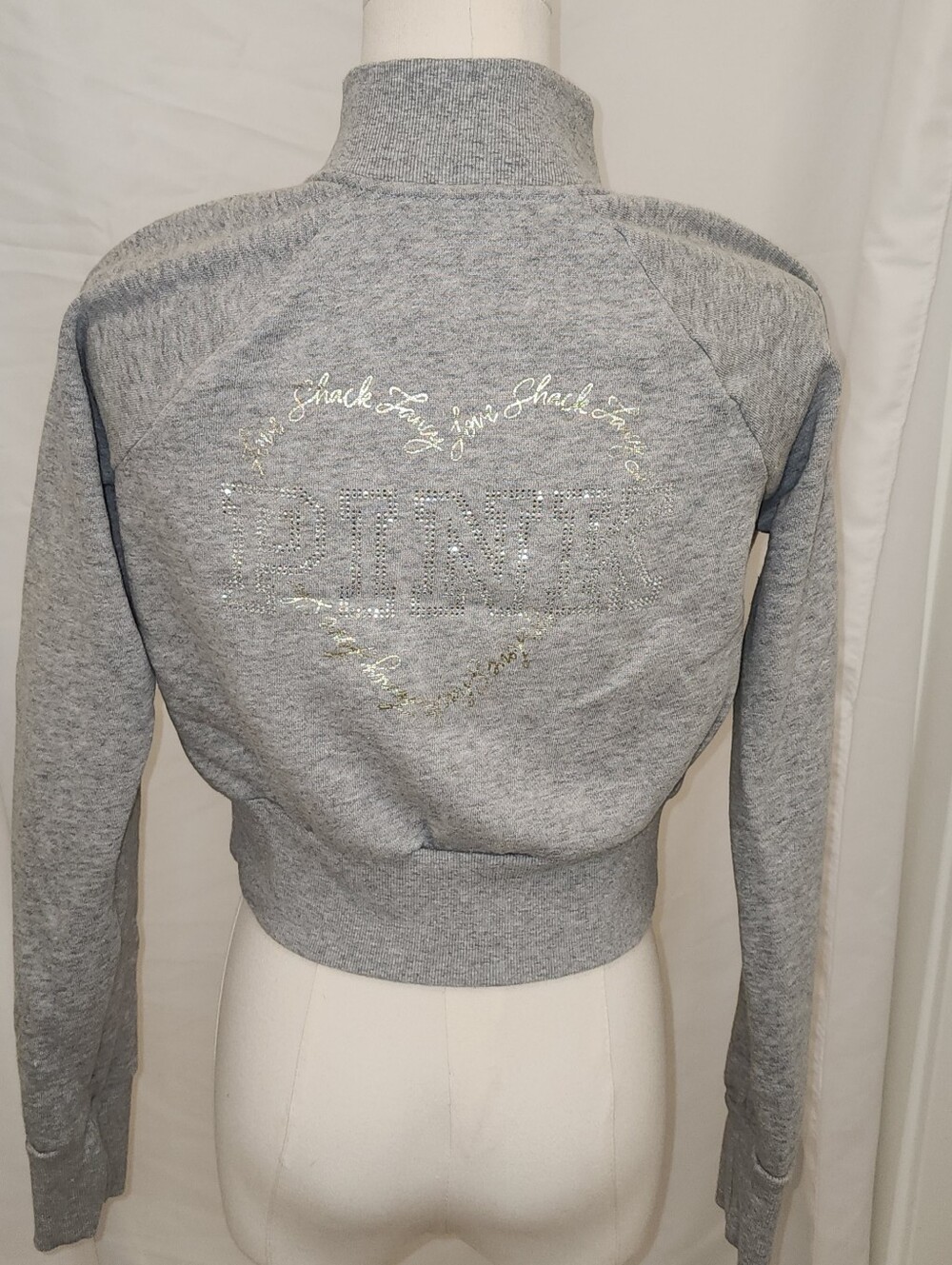 PINK x LoveShackFancy Gray Cropped Full-Zip Sweatshirt Jacket Size S